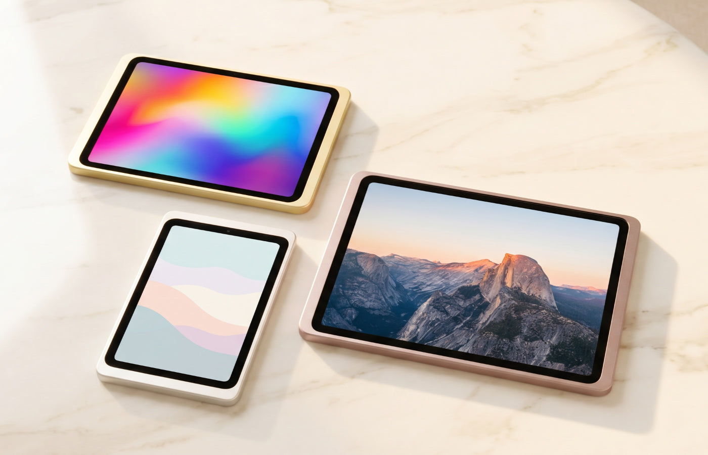 iPad generations overview: iPad mini, iPad, iPad Air and iPad Pro in a size comparison
