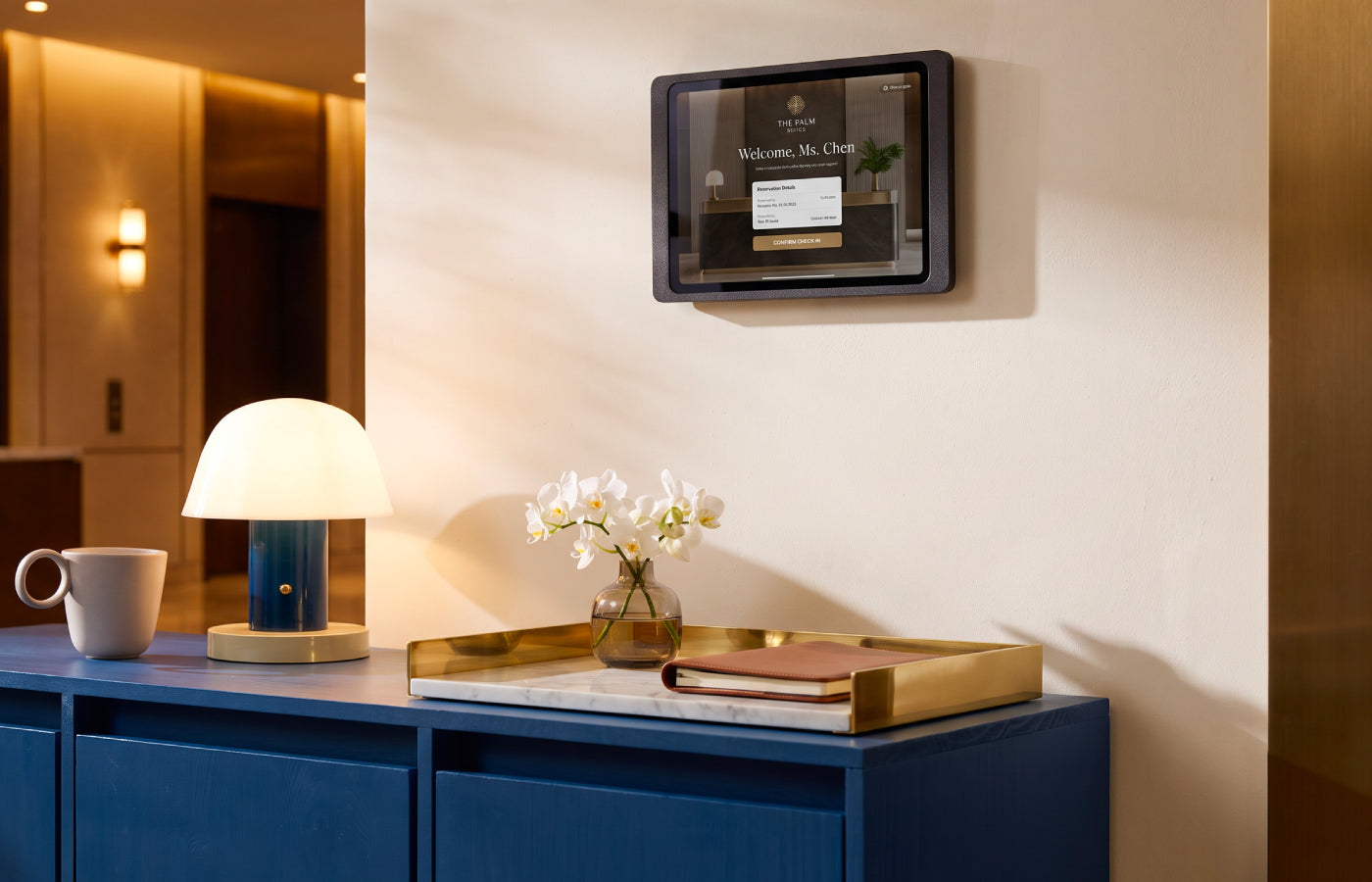 Samsung tablet wall mount in a company reception area