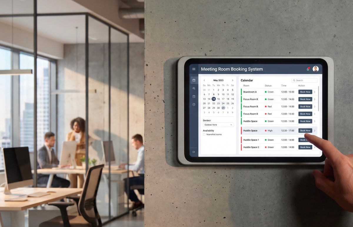 Meeting room booking system with iPad in a Displine Companion Wall 2.0 beside a meeting room door