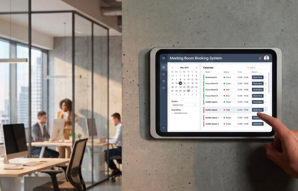 Meeting room booking system with iPad in a Displine Companion Wall 2.0 beside a meeting room door